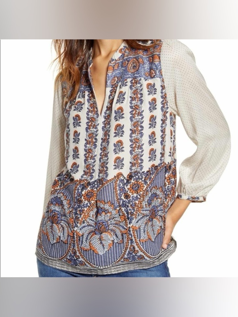 Lucky Brand White Boho Floral Patchwork Split-Neck 3/4 Sleeve Blouse